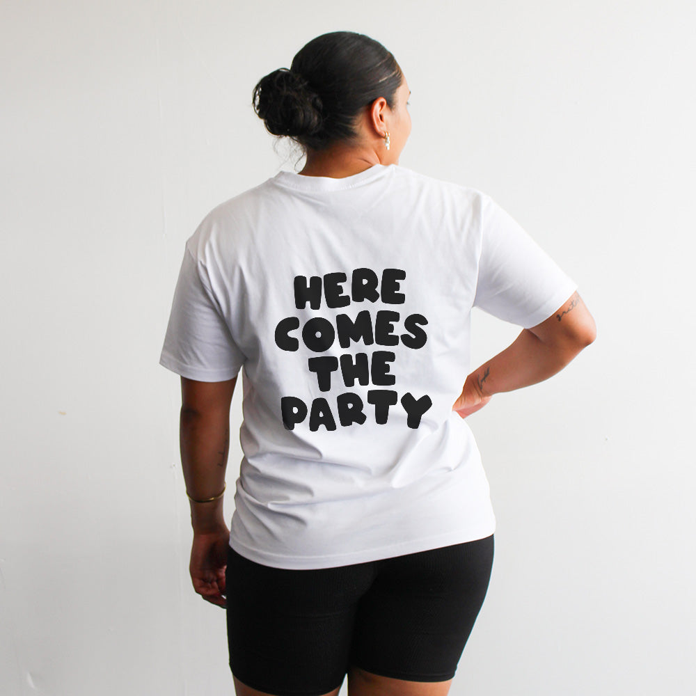 Here Comes The Party Tee | Black on White